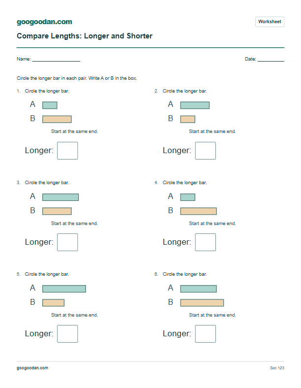 Full printable worksheet preview: Longer and Shorter Worksheets for Kindergarten