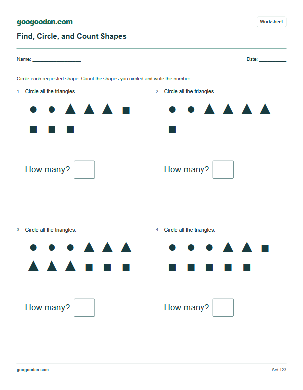 Full printable worksheet preview: Sort and Count Shapes Worksheets for Kindergarten
