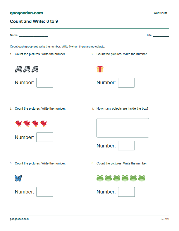 Full printable worksheet preview: Count and Write Worksheets for Kindergarten
