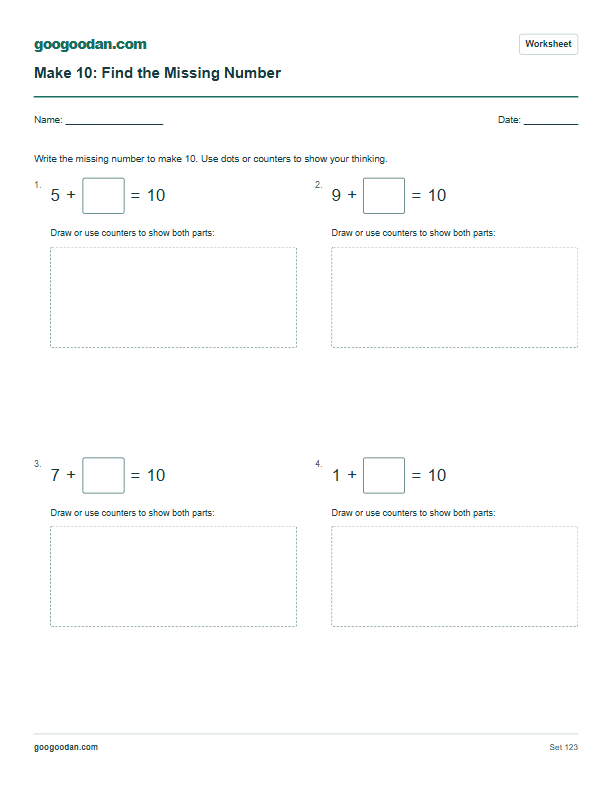 Full printable worksheet preview: Make 10 Missing Addend Worksheets