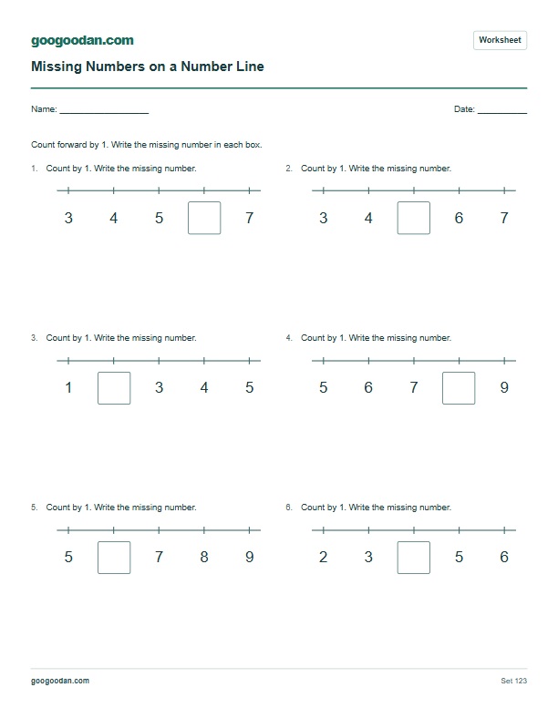 Full printable worksheet preview: Missing Numbers on a Number Line Worksheets for Kindergarten