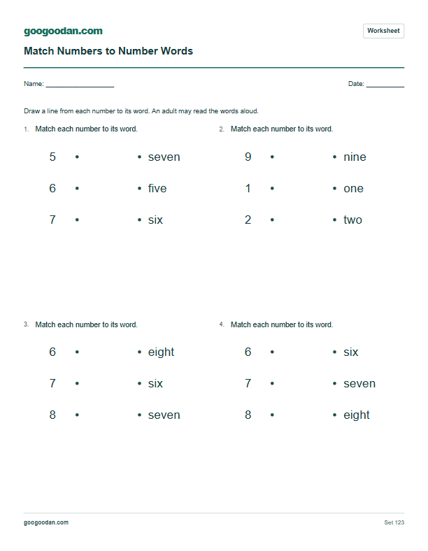 Full printable worksheet preview: Number Word Matching Worksheets for Kindergarten