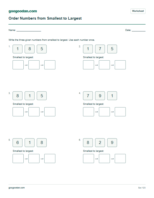 Full printable worksheet preview: Ordering Numbers Worksheets for Kindergarten