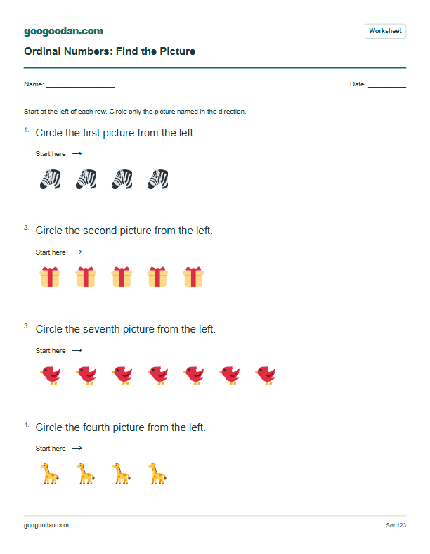 Full printable worksheet preview: Ordinal Number Worksheets for Kindergarten