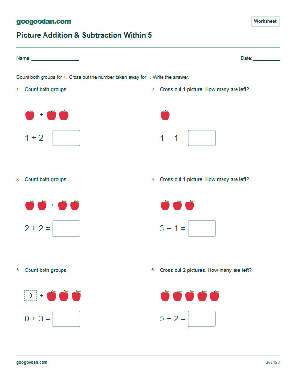 Full printable worksheet preview: Kindergarten Addition and Subtraction Within 5