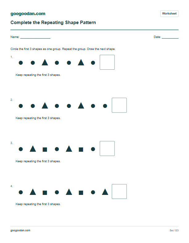 Full printable worksheet preview: Repeating Shape Patterns Worksheets for Kindergarten