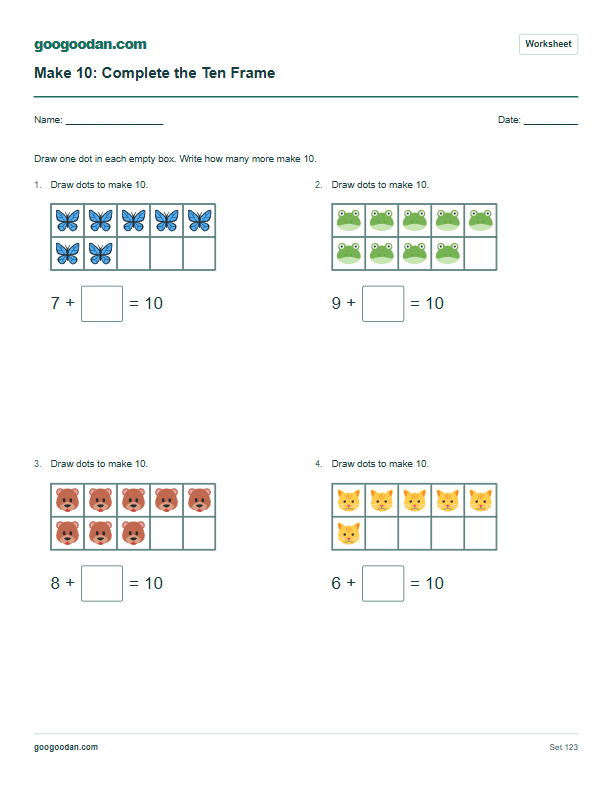Full printable worksheet preview: Making 10 with Ten Frames Worksheets