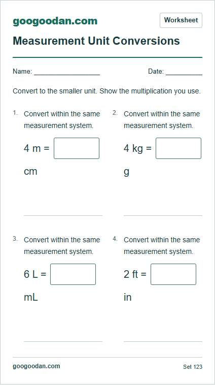 Full printable worksheet preview: Measurement Unit Conversions