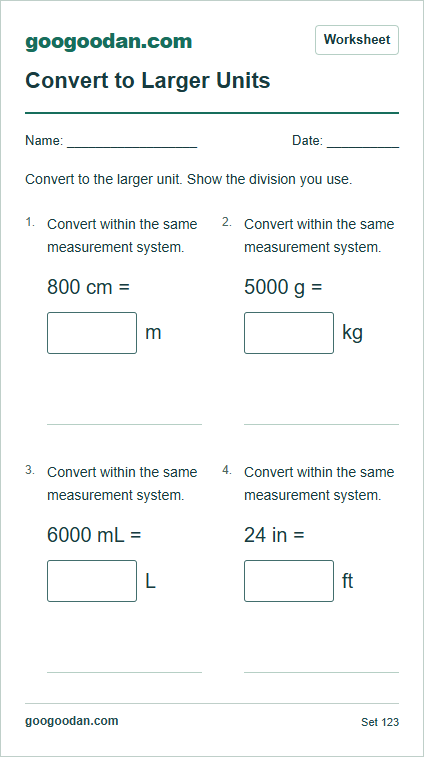 Full printable worksheet preview: Convert to Larger Units