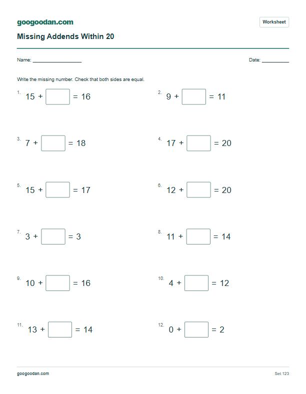 Full printable worksheet preview: Missing Addend Worksheets Within 20