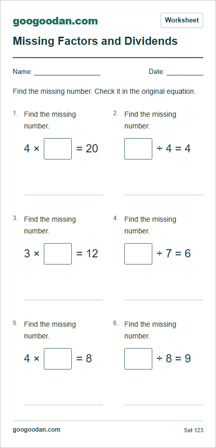 Full printable worksheet preview: Missing Factors and Dividends