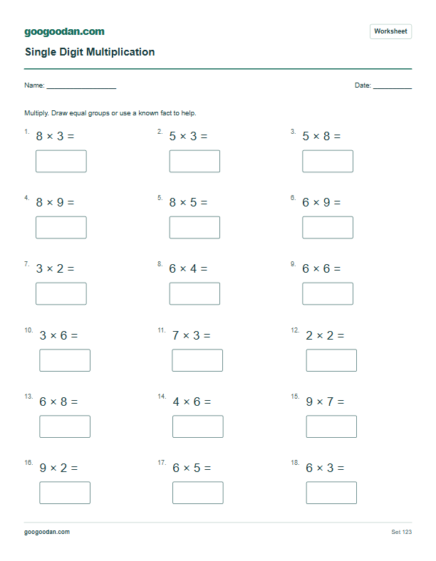 Full printable worksheet preview: Single Digit Multiplication Worksheets