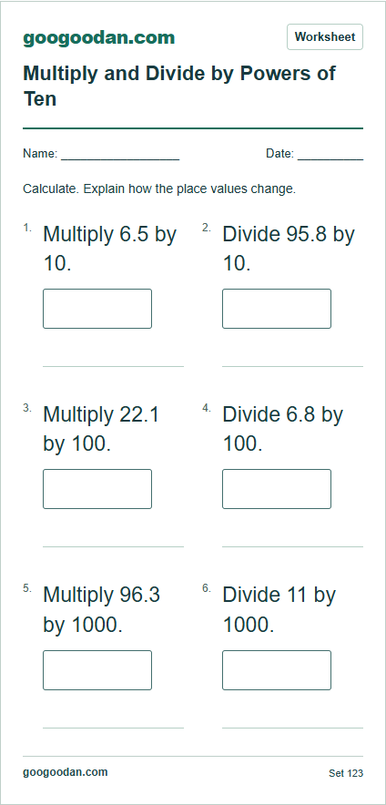 Full printable worksheet preview: Multiply and Divide by 10, 100, and 1,000