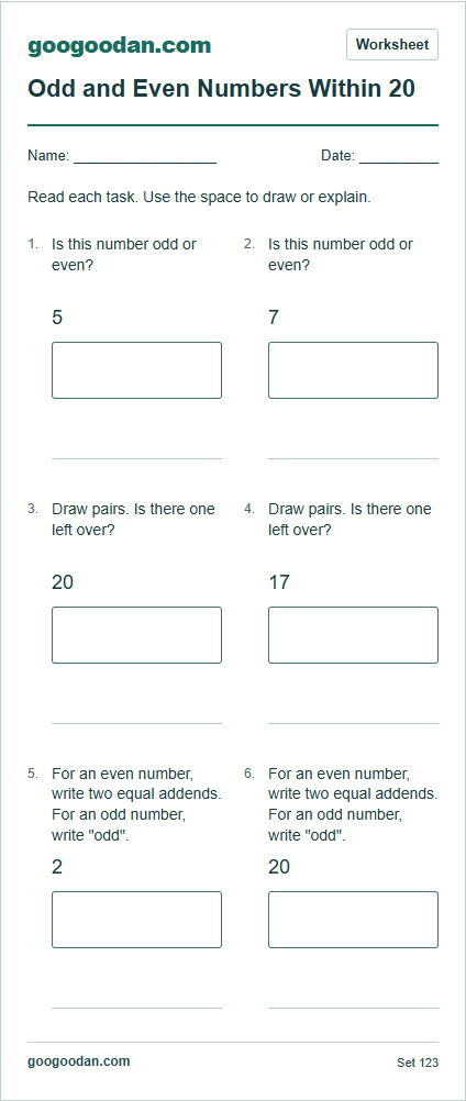 Full printable worksheet preview: Odd and Even Numbers Within 20