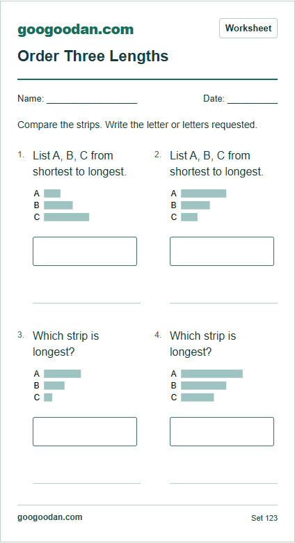 Full printable worksheet preview: Ordering Three Lengths