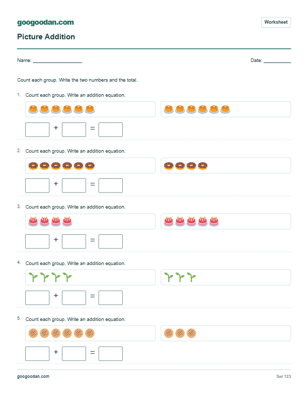 Full printable worksheet preview: Picture Addition Worksheets