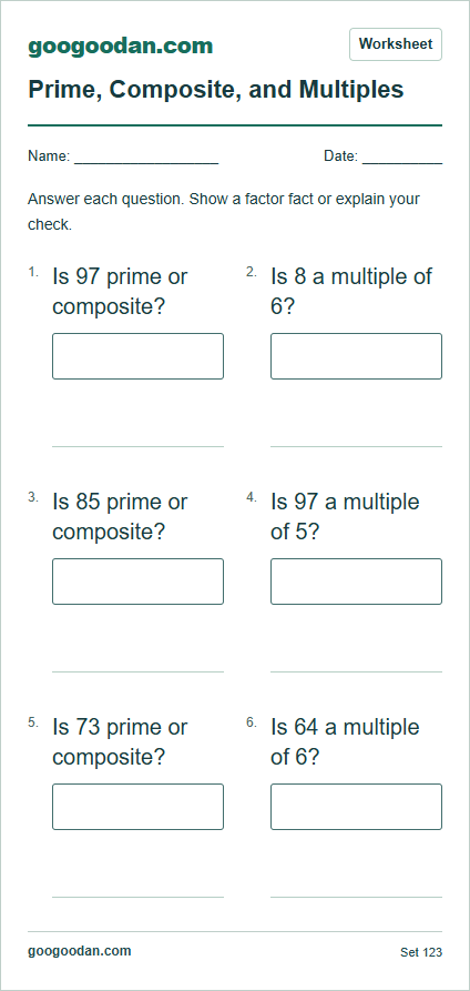 Full printable worksheet preview: Prime, Composite, and Multiples