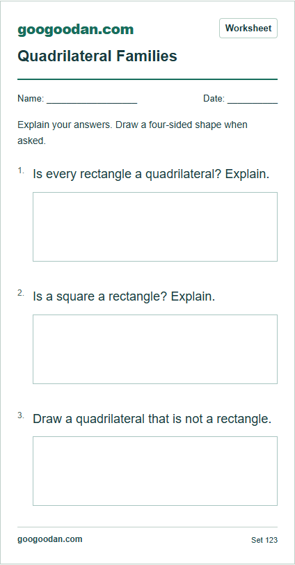 Full printable worksheet preview: Quadrilateral Families