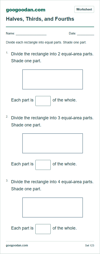 Full printable worksheet preview: Halves, Thirds, and Fourths