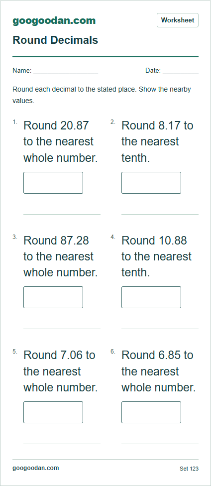 Full printable worksheet preview: Rounding Decimals