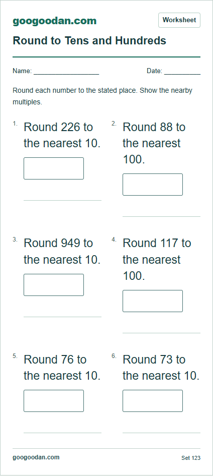 Full printable worksheet preview: Rounding to Tens and Hundreds