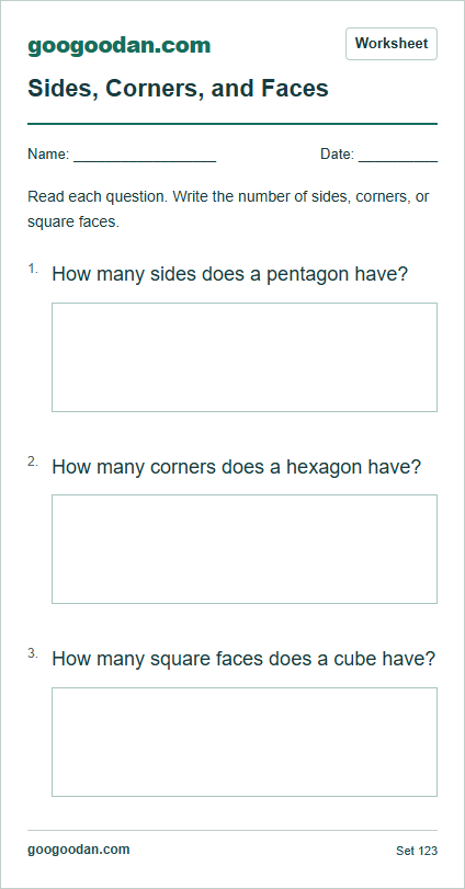 Full printable worksheet preview: Sides, Corners, and Faces