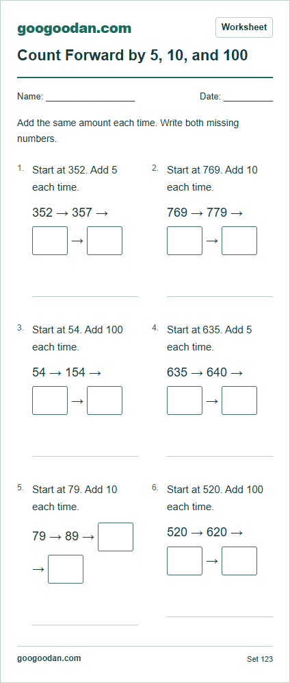 Full printable worksheet preview: Count Forward by 5, 10, and 100