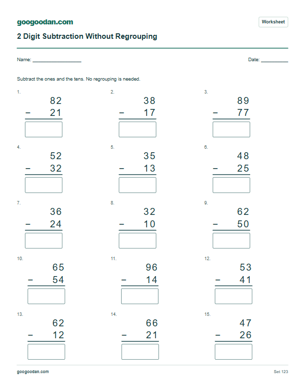 Full printable worksheet preview: 2 Digit Subtraction Without Regrouping