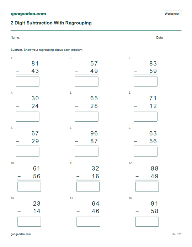 Full printable worksheet preview: 2 Digit Subtraction With Regrouping