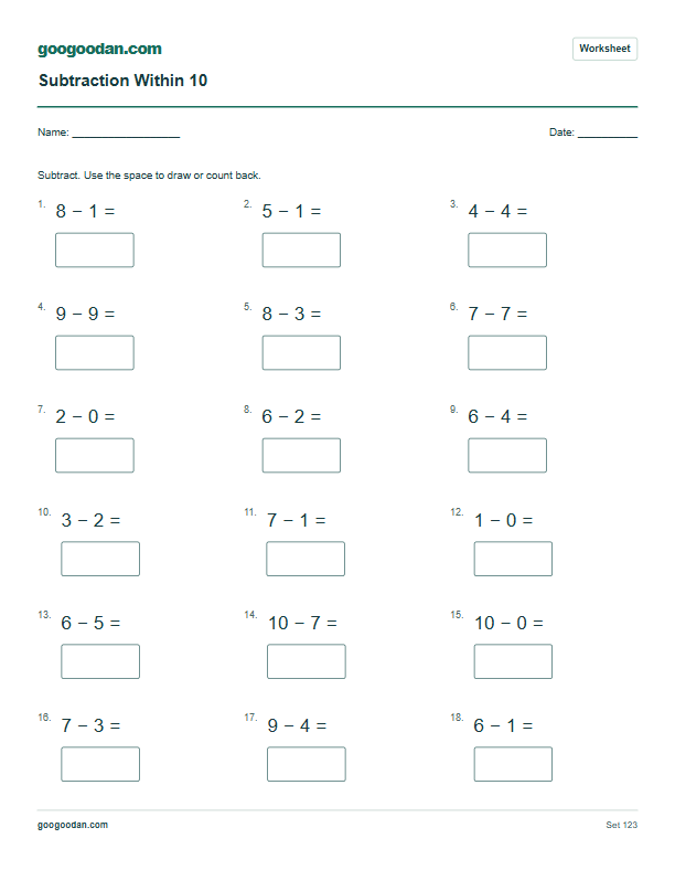 Full printable worksheet preview: Subtraction Within 10