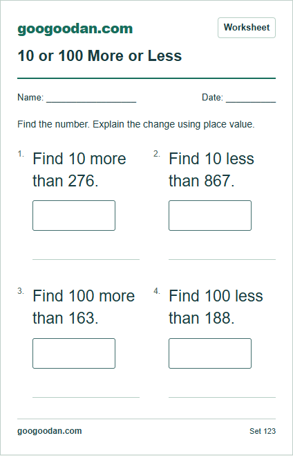 Full printable worksheet preview: 10 or 100 More or Less