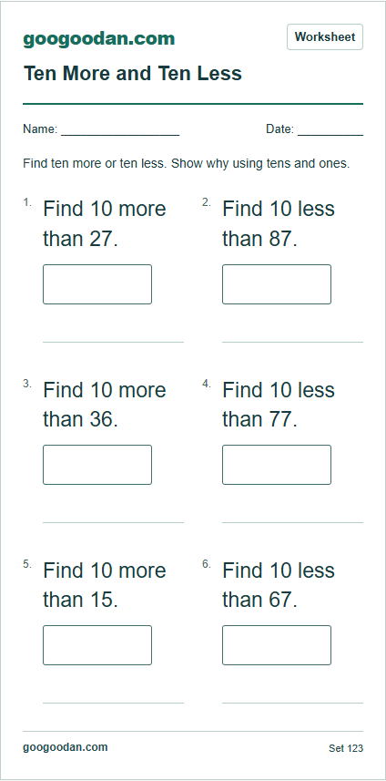 Full printable worksheet preview: Ten More and Ten Less