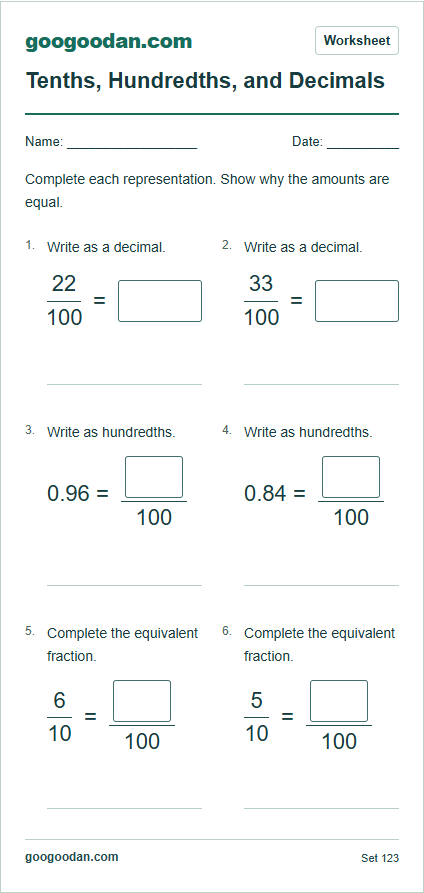 Full printable worksheet preview: Tenths, Hundredths, and Decimals