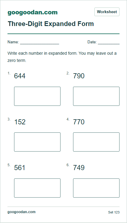 Full printable worksheet preview: Three-Digit Expanded Form