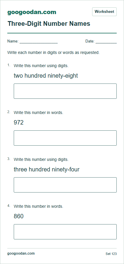 Full printable worksheet preview: Three-Digit Number Names