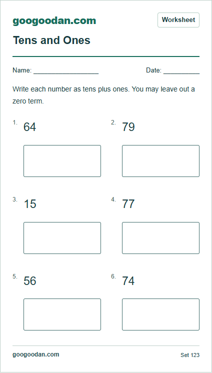 Full printable worksheet preview: Tens and Ones Expanded Form