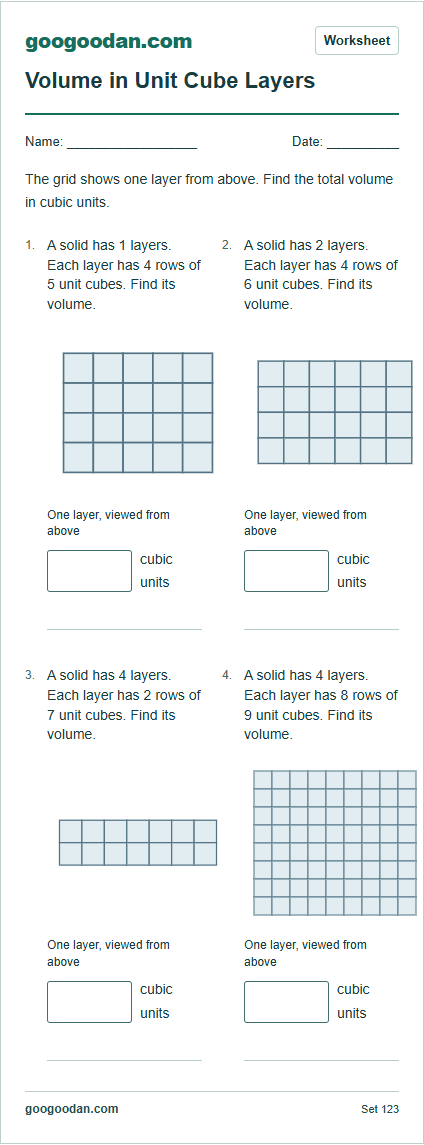 Full printable worksheet preview: Volume with Layers of Unit Cubes