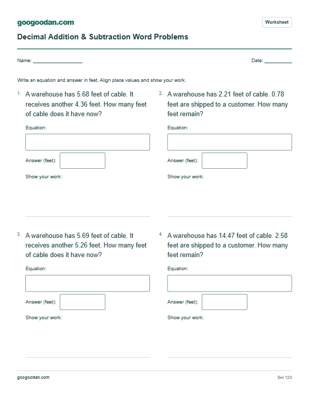 Full printable worksheet preview: Adding and Subtracting Decimals Word Problems