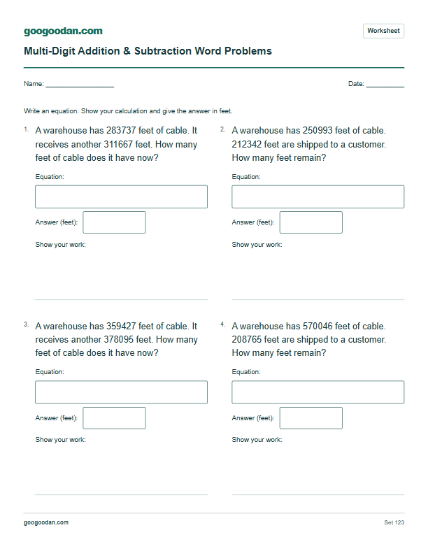 Full printable worksheet preview: Multi-Digit Addition and Subtraction Word Problems