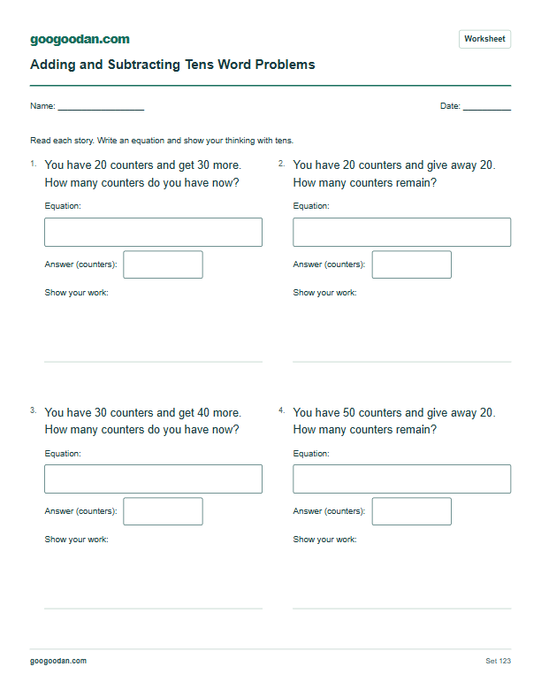 Full printable worksheet preview: Adding and Subtracting Tens Word Problems