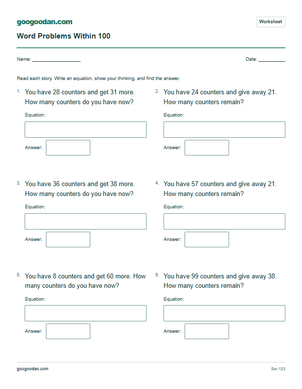 Full printable worksheet preview: Addition & Subtraction Word Problems Within 100