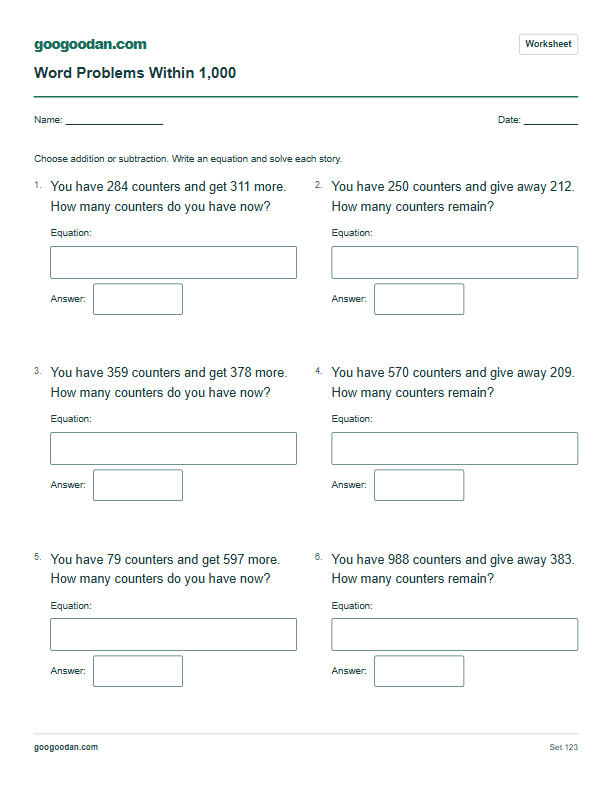 Full printable worksheet preview: Addition and Subtraction Word Problems Within 1,000