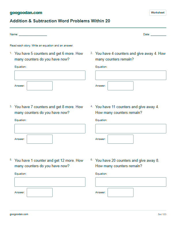 Full printable worksheet preview: Addition and Subtraction Word Problems Within 20