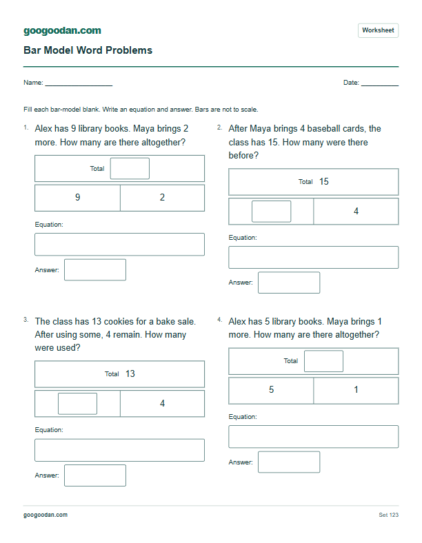 Full printable worksheet preview: Bar Model Word Problems