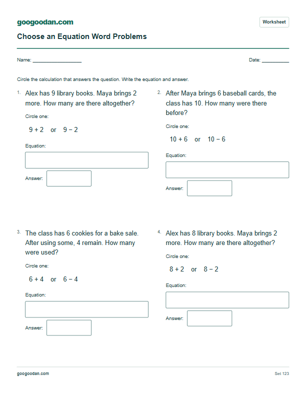 Full printable worksheet preview: Choose an Equation Word Problems