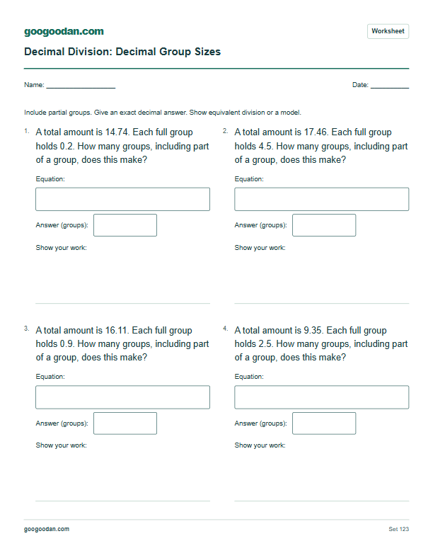 Full printable worksheet preview: Dividing by Decimals Word Problems