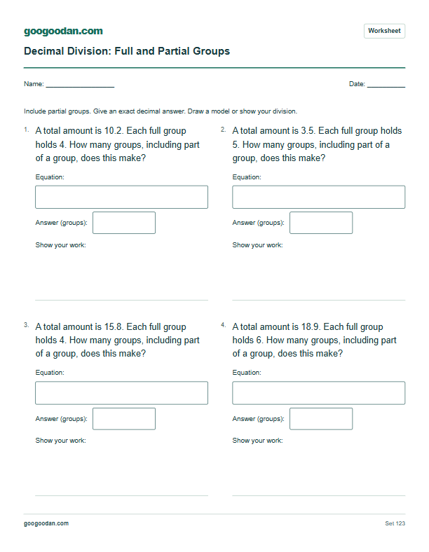 Full printable worksheet preview: Dividing Decimals by Whole Numbers Word Problems