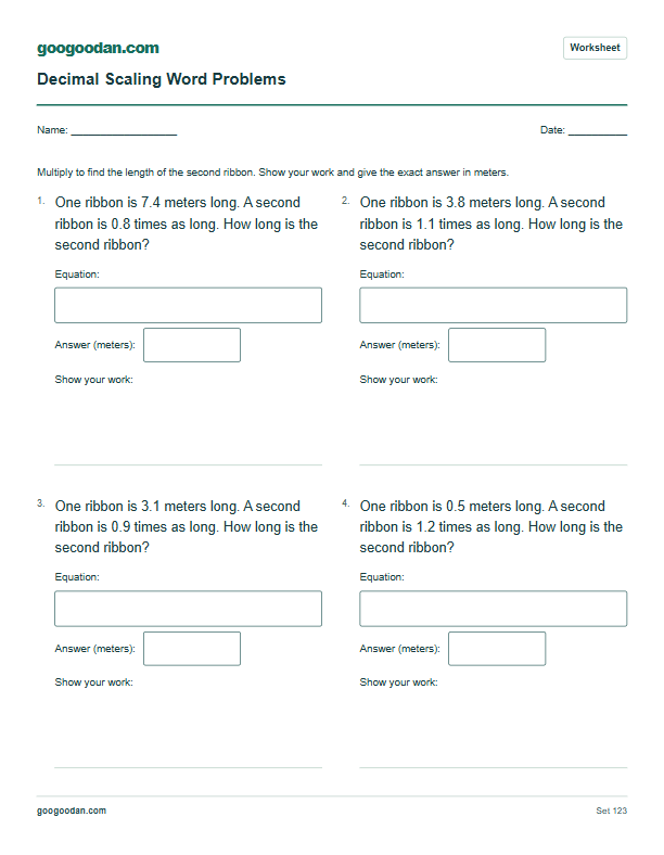 Full printable worksheet preview: Decimal Scaling Word Problems