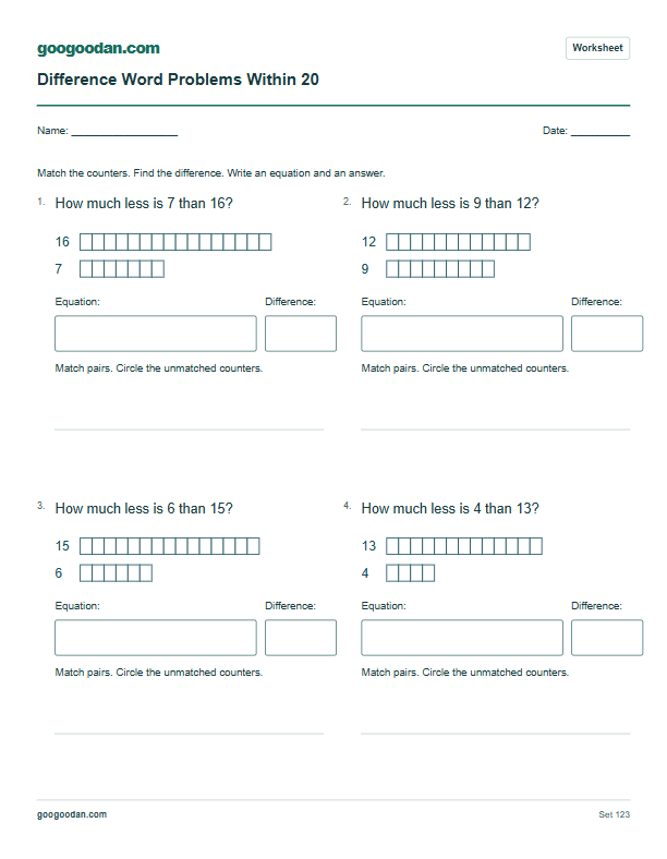 Full printable worksheet preview: Difference Word Problems Within 20