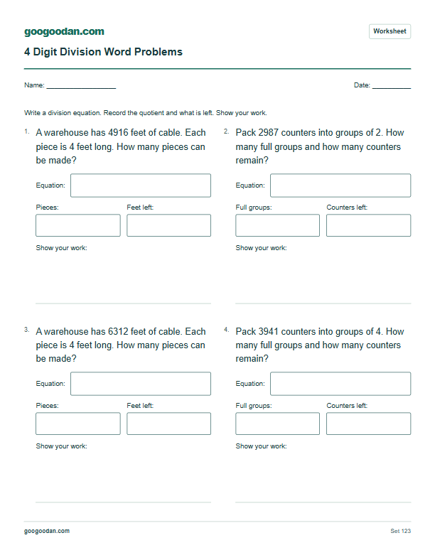 Full printable worksheet preview: 4 Digit Division Word Problems With and Without Remainders